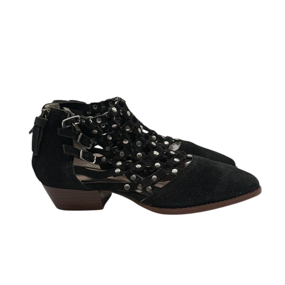 Bird‎ of Flight Black Suede Caged Studded Ankle Boots Pointed Toe Buckle 6B